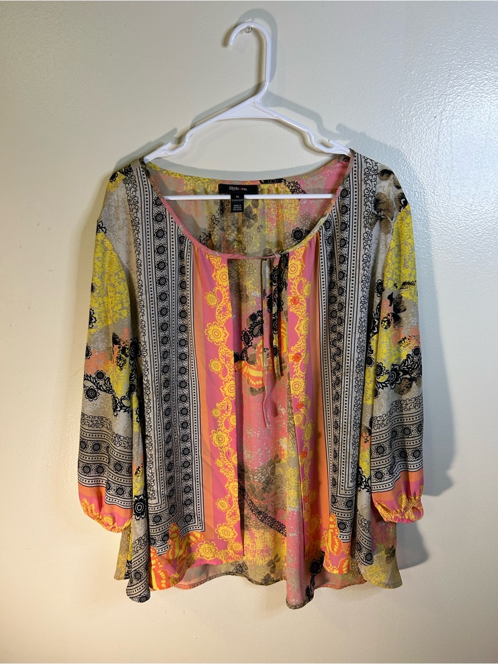 Style & Co. Pink Yellow Multicolor Boho Peasant Blouse